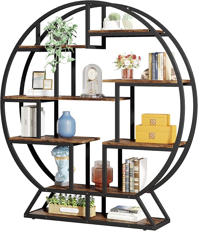 Tribesigns Bookshelf, Round Bookshelves Etagere Bookcase, 63 Inch Industrial Wood Book Shelf with Staggered Shelves, Rustic Open Shelving Organizer Rack Display Shelf for Home Office, Living Room
