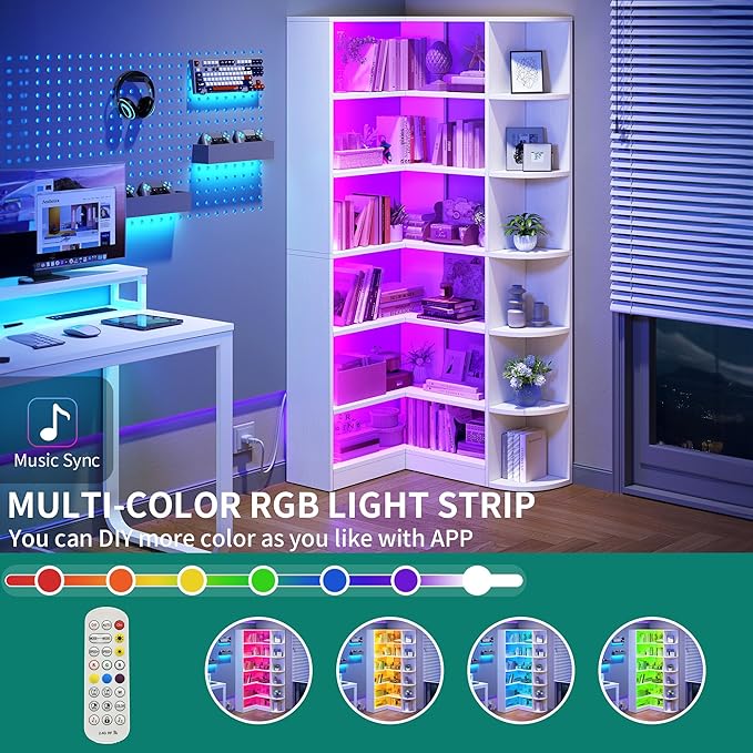 YITAHOME Corner Bookshelf with LED Light, 6 Tier Corner Shelf White Bookshelf L-Shaped Bookcase Storage Display Shelf for Home Office, Living Room, White