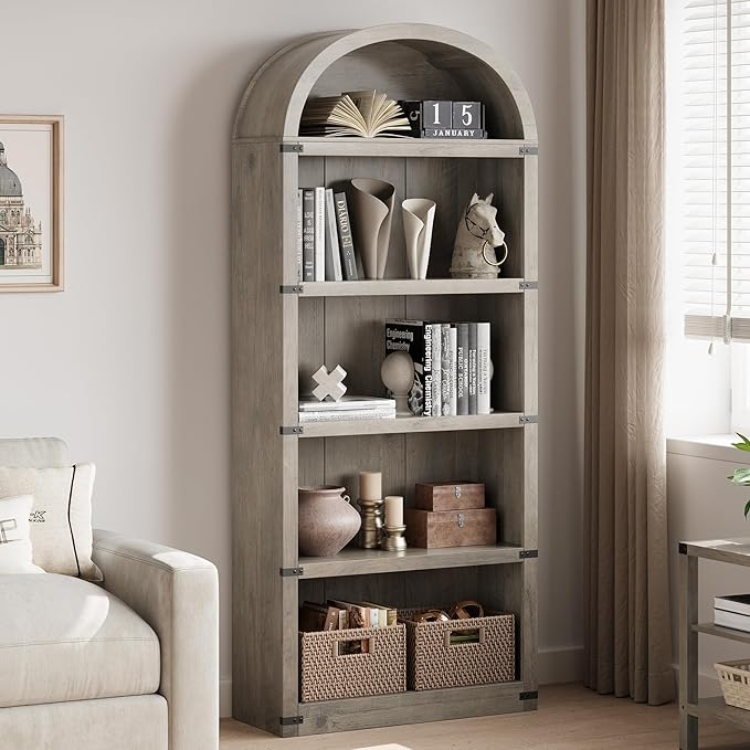 GarveeHome Bookcase 5 Shelf Arched Bookshelf 71.65in Tall Bookcase Farmhouse Display Storage Rack Wooden Bookshelves for Home Office, Living Room (Rustic Gray)