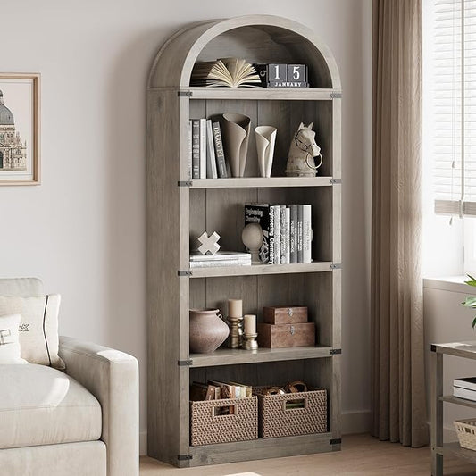 GarveeHome Bookcase 5 Shelf Arched Bookshelf 71.65in Tall Bookcase Farmhouse Display Storage Rack Wooden Bookshelves for Home Office, Living Room (Rustic Gray)