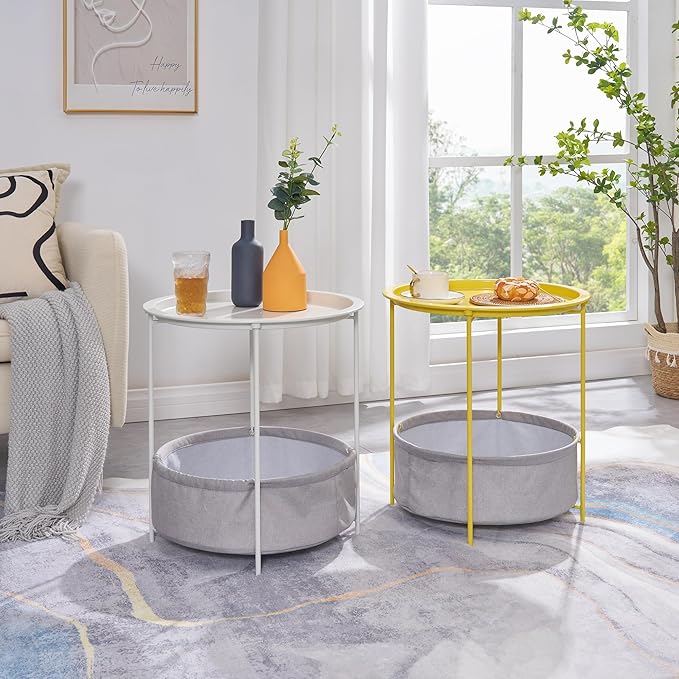 VECELO Round Side/End Table with Fabric Storage Basket，Metal Anti-Rust and Waterproof Small Bedside Nightstand with Removable Tray Top for Living Room，Balcony & Laundry，Yellow /1pcs with Basket