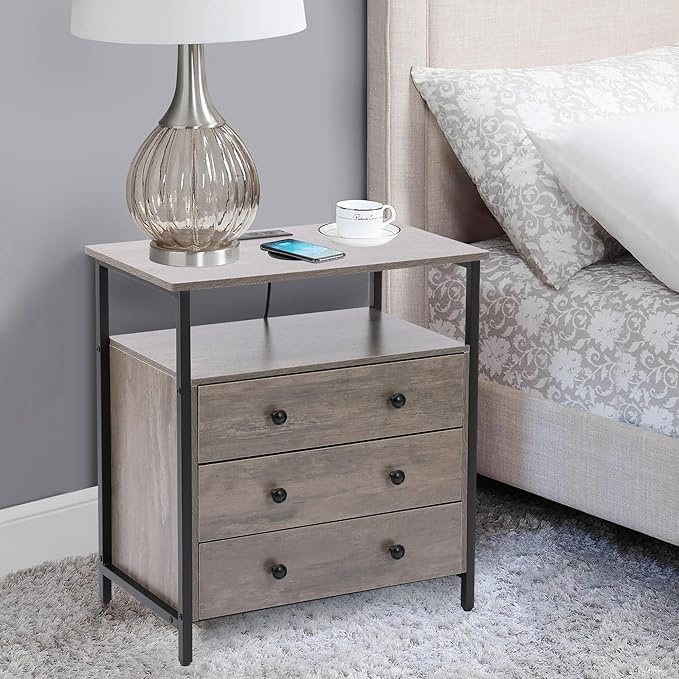 3 Wooden Drawers Night Stand, 27 Inch Wide Nightstand with Charging Station and Adjustable Drawers, Bedside Table for Living Room/Bedroom/Office, Gray.
