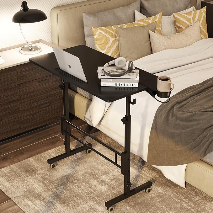 Hadulcet Small Standing Desk Adjustable Height, Mobile Stand Up Desk with Wheels, Portable Walking Pad Table Stand, Rolling Laptop Cart for Standing or Sitting, Black
