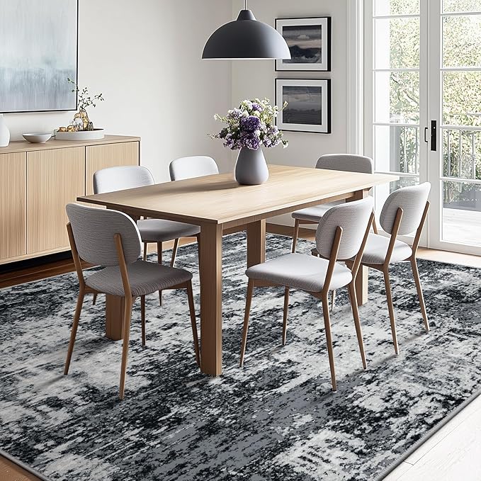 Washable Area Rugs 6'x9' Non-Slip Modern Abstract Soft for Living Room Entryway Bedroom Nursery, Print Pattern, Black Gray