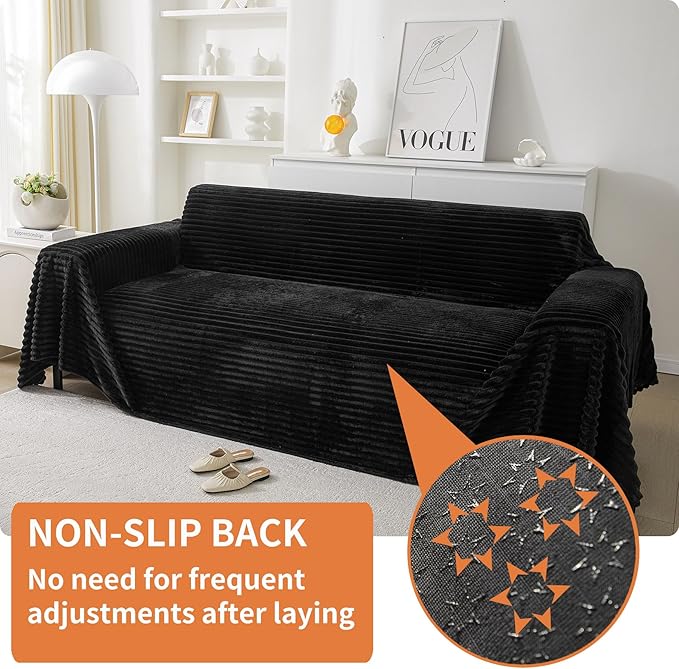 HAOMAIJIA Faux Fur Sofa Covers Couch Covers for 3 Cushion Couch Sofa Pet Friendly Soft Non Slip Couch Cover for Dogs Washable Sectional Couch Covers L Shape Furniture Protector (Black, 71"x134")
