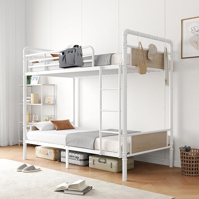 Metal Bunk Bed Twin Over Twin, Industrial Bunkbeds Heavy Duty Bed with Safety Guard Rails and Space-Saving Design, Steel Bed for School, Bedroom (White)