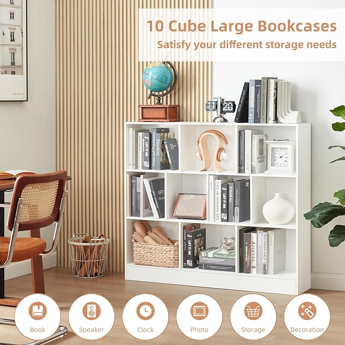 YAHARBO White 10 Cube Bookshelf,3 Tier Modern Horizontal Bookcase,Wooden Low Book Shelf Display Storage Cabinet with Base,Floor Standing Short Bookshelves Open Organizer for Bedroom,Living Room,Office