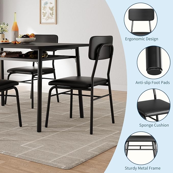 3-Piece Dining Table Set for 2, Wood Kitchen Table Set with Built-in Storage Rack,Small Kitchen Table with Upholstered Chairs and Metal Frame for Small Spaces，Black Wood Grain Color