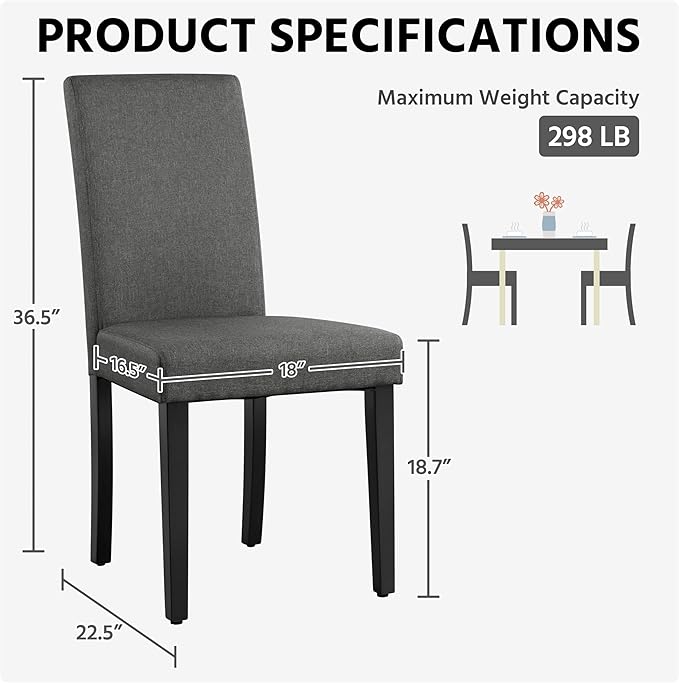 Yaheetech Dining Chairs Set of 2 Fabric Upholstered Parson Kitchen Chairs with Padded Seat and Solid Wood Legs for Dining Room/Restaurant, Dark Gray