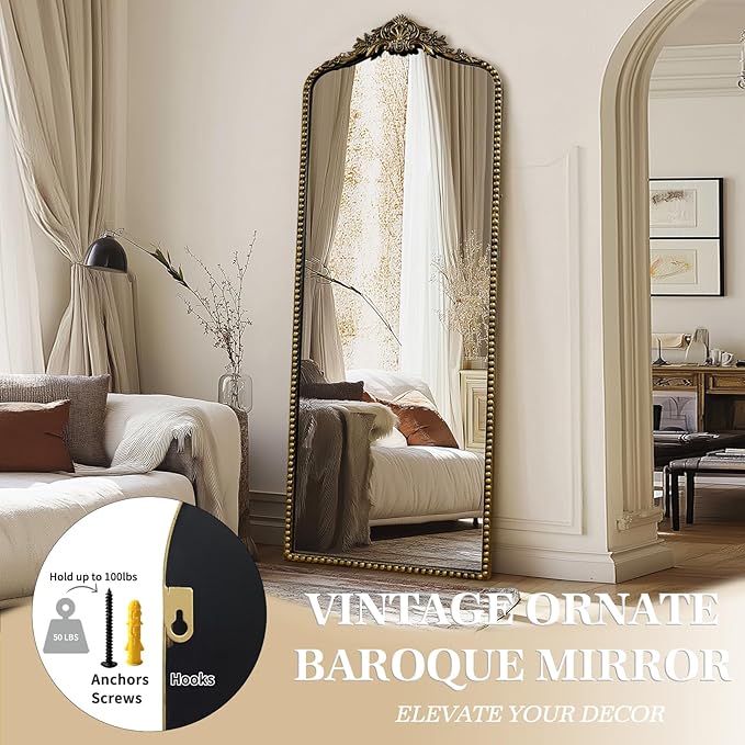 G-LEAF Vintage Baroque Full Length Floor Mirror 22"X65", Victorian Antique Mirror with Black Brush Gold Ornate Metal Frame for Fireplace Entryway Living Room Hallway Bathroom