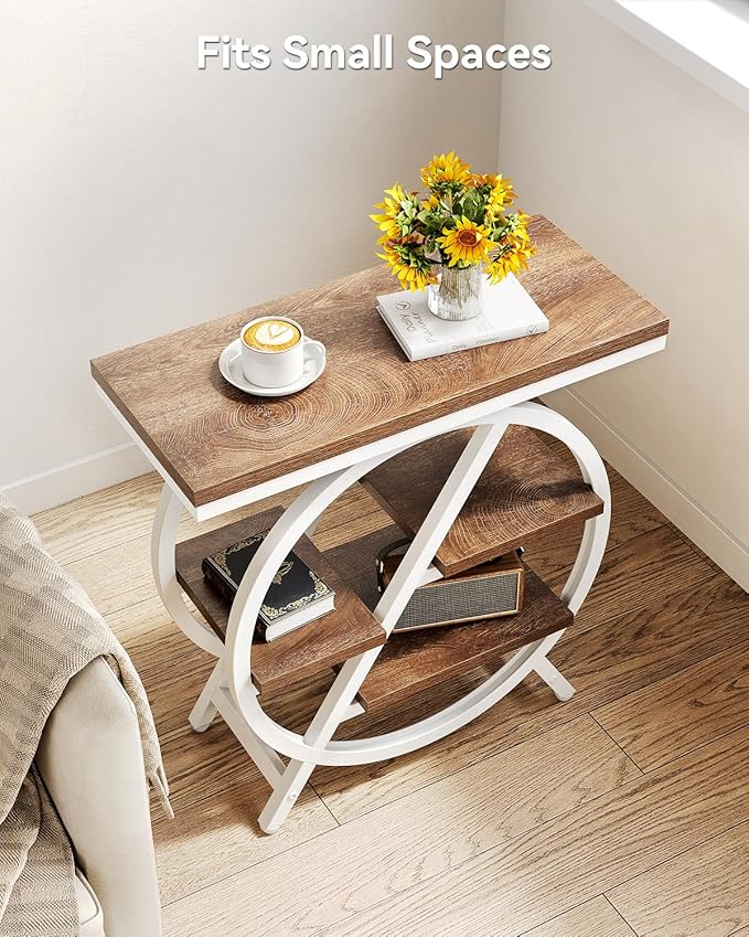 LITTLE TREE End Table, Narrow Side Table with 4-Tier Large Storage Space, Modern Bedside Table for Living Room, Home Office, Bedroom, Brown and White