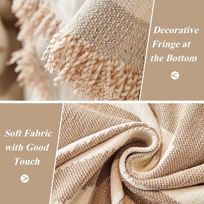 STACYPIK Boho Couch Cover, Khaki Sofa Cover for Dogs, Tassels Loveseat Cover for Sectional, L-Shape Protector for 3 Cushion Couch, Washable Chenille Slipcover, Multi-Use Decorative Blanket-71X134IN