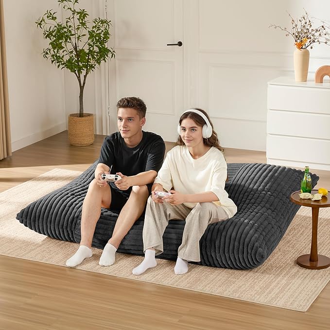 3-in-1 Giant Bean Bag Chair for Adults & Kid, Convertible Floor Sofa to Mattress, High-Density Foam Chair Bed with Washable Cover, Multi Functional Lounge Couch for Bedroom, Living Room (Dark Grey)