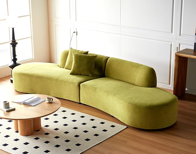 Container Furniture Direct 132" Curved Sofa with Throw Pillows, 6 Seater Luxury Velvet Couch with Half Moon Design and High-Density Foam, Ideal for Modern Living Room, Office & Apartment, Olive Green