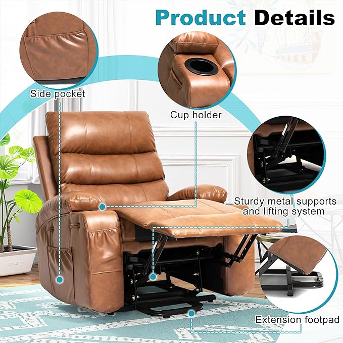 Recliner Chair Power Lift Massage Chair Full Body 21" Large Size Electric Recliner with 8 Point Vibration Massage and Lumber Heat, Remote Control, Side Pockets and Cup Holders, Brown