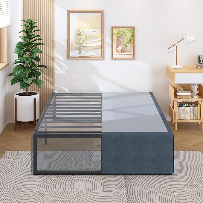18 Inch Queen Bed Frame with Cover Skirt, Heavy Duty Steel Slat Support Metal Platform Bed Frame Queen Size No Box Spring Needed, Easy Assembly, Black and Blue