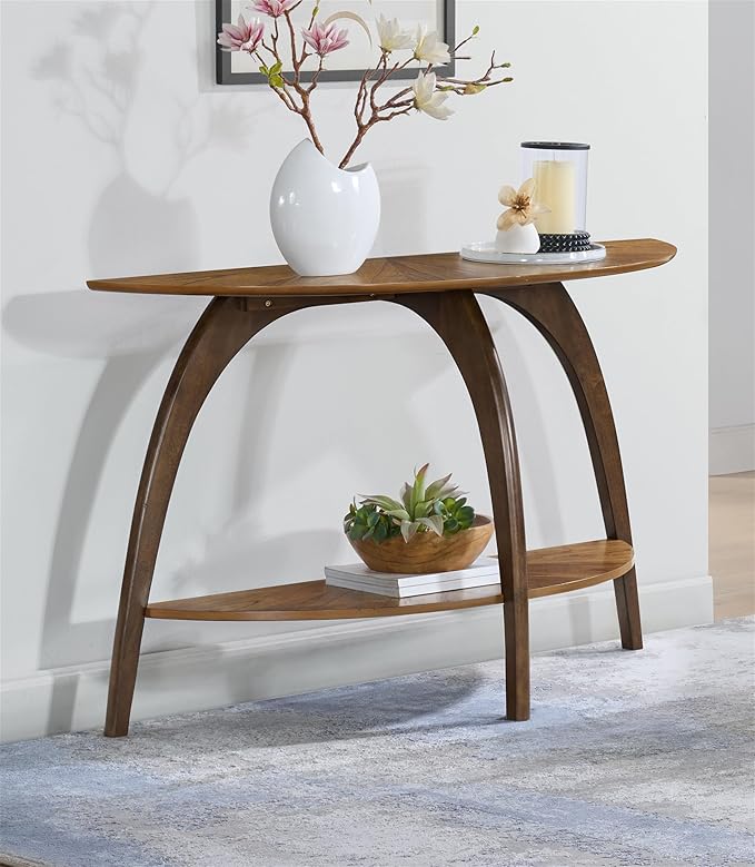 Martin Svensson Home LAX Two-Tone 48-Inch Caramel Brown Half-Moon Wood Sofa Console Table with Walnut Legs and Shelf Storage