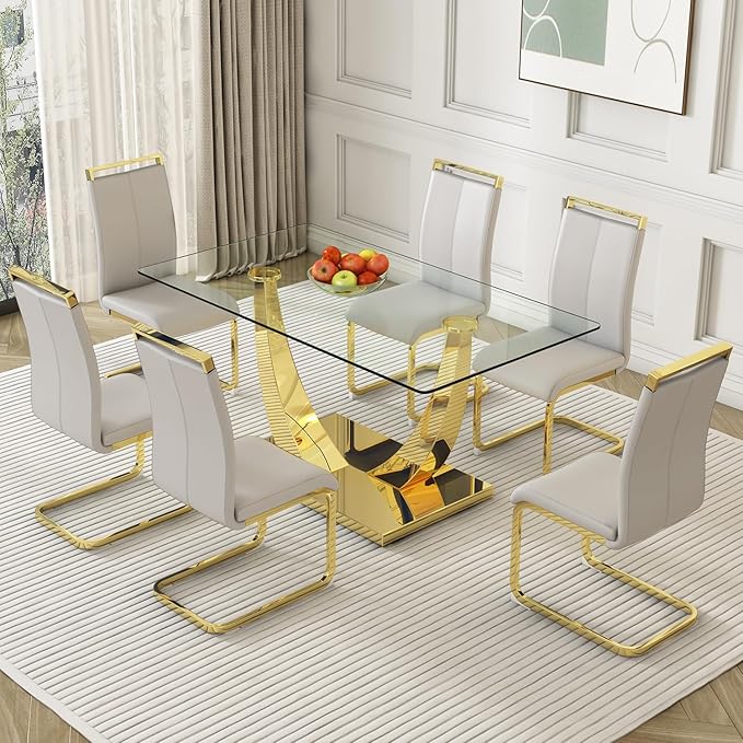 Modern Dining Chairs Set of 6,High Back Light Grey Kitchen Chairs,Faux Leather Side Chair with Gold Plated Metal Legs,Easy to Clean Upholstered Dining Chairs,Ideal for Living Room