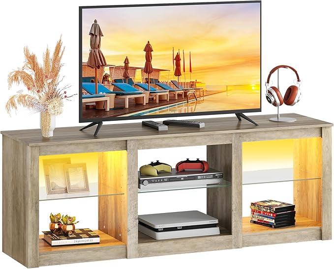 WLIVE LED TV Stand for 65 Inch TV, Modern Entertainment Center with Adjustable Glass Shelves & Customizable LED Lights, Sturdy Media Console for Living Room, Bedroom,Gaming (Gray Oak)