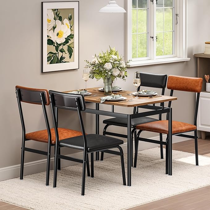 5 Piece Dining Room Table Set, Kitchen Table Set for 4 with Brown Wooden Grain Kitchen Table and 4 PU Upholstered Metal Chairs, Dining Room Set for Small Space,Home Dinner(2 Black & 2 Brown Chairs )