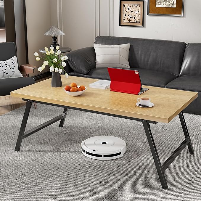 Folding Coffee Table, Portable Floor Table Desk for Sitting on The Floor, No Assembly Low Coffee Table for Living Room, Home, Caravan and Camping Use, Natural Wood, 39.4Lx19.7Wx15.8H
