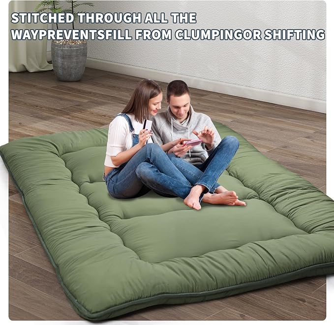 Japanese Floor Mattress,4" Thicken Japanese Floor Sleeping Pad Foldable,Futon Mattress Suitable for Camping and Guest Room (Green, Queen (80" X 60"))