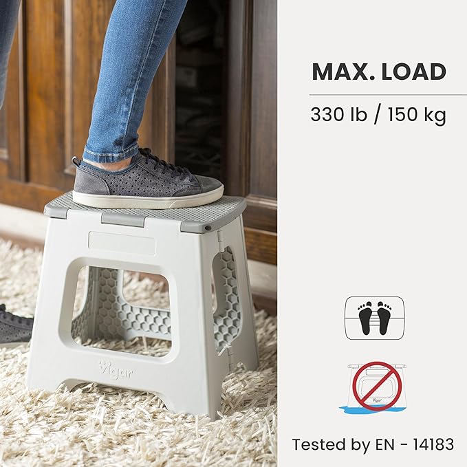 Vigar Compact Step Stool Foldable, 10-1/2-inch Step Stools for Adults up to 330 Pound, Lightweight Stool, Non-Slip Folding Step Stool, Gray
