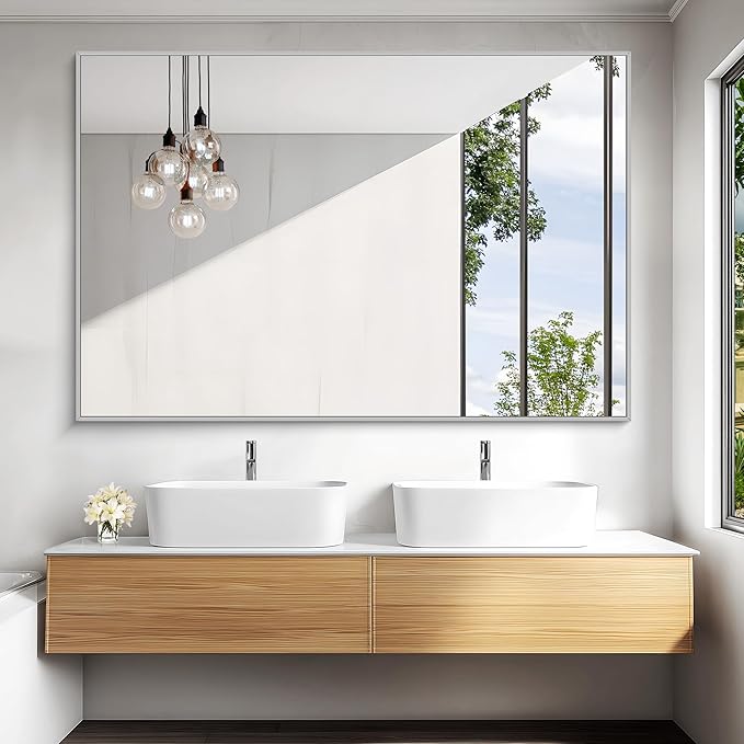 KOCUUY Large Silver Bathroom Mirror, 60x40 inch Rectangular Mirror for Bathroom Sink, Oversized Mirror with Metal Brushed Nickel Frame for Living Room, Farmhouse, Entryway, Hang Horizontal/Vertical