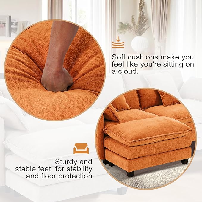 Furniliving 112‘’ L-Shaped Sofa, Luxury Chenille Modular Sectional Couches with Ottoman, Upholstered Deep Seat Sleeper Sofa with Memory Foam and Waist Pillows, Orange