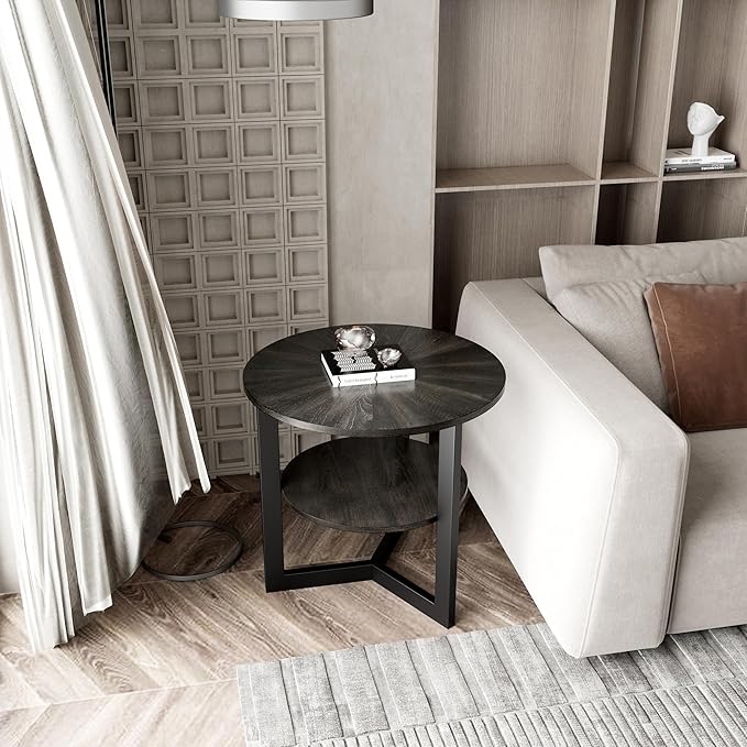 LEEMTORIG Round Side Table, Large 2-Tier End Table Nightstand with Metal Legs, Modern Bedside Couch Table for Living Room, Bedroom, Office, Rustic Black/Black, 25.2 x 25.2 x 24 inches CJZ-1338-BK