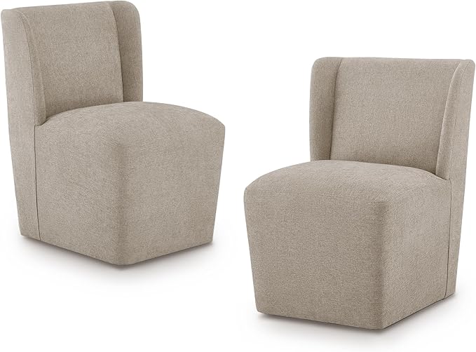 Upholstered Dining Chair with Casters Wingback Modern Side Armless Deskchair with Rollers for Diningroom Bedroom Livingroom Reading Room,Khaki,2 Box