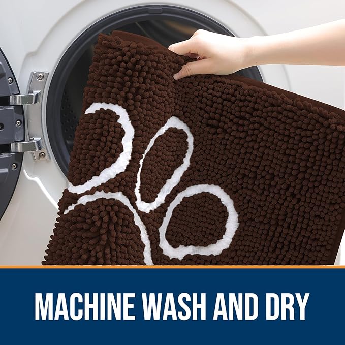 OLANLY Door Mat for Muddy Dog Paws 48x30, Ultra Absorbent Chenille Mud Doormat with Paw Print Design, Non-Slip Washable Doormat for Indoor Entryway, Quick-Dry Pet Bed Mats for Dirty Dogs, Brown
