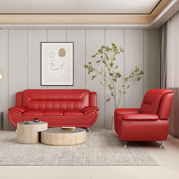 Container Furniture Direct Michael Modern Faux Leather Upholstered Stainless Steel Legs Living Room Sofa, Loveseat, Persian Red