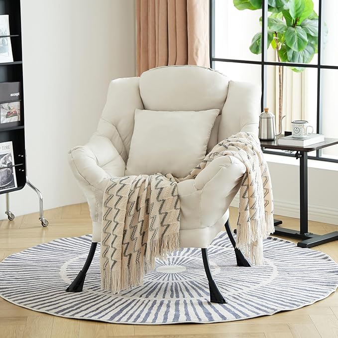 Lazy Chair with Pillow for Living Room, Modern Lounge Accent Chair with Armrests, Leisure Sofa Chair Set, Reading Chair for, Bedroom, Dorm Room, Office, Beige