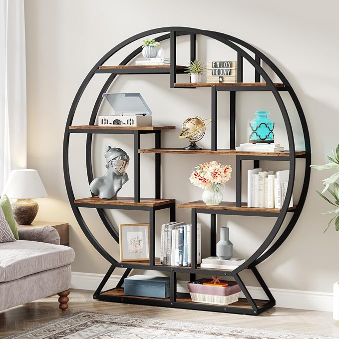 Tribesigns Bookshelf, Round Bookshelves Etagere Bookcase, 63 Inch Industrial Wood Book Shelf with Staggered Shelves, Rustic Open Shelving Organizer Rack Display Shelf for Home Office, Living Room