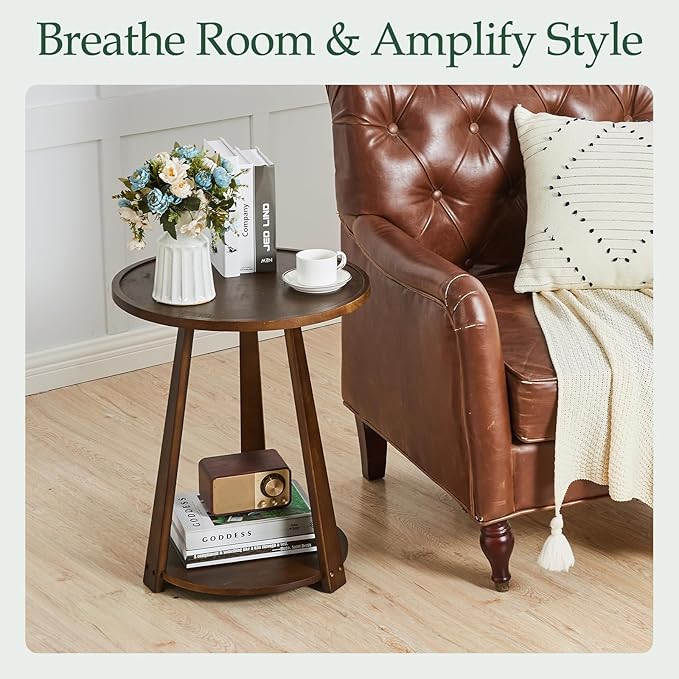 Round Solid Wood Side Table - Small Round Wooden End Table, Modern Living Room Side Beside Tables with Shelf for Couch Sofa Armchair Office Bedroom, Walnut, 19.6 in x 19.6 in x 23.6 in