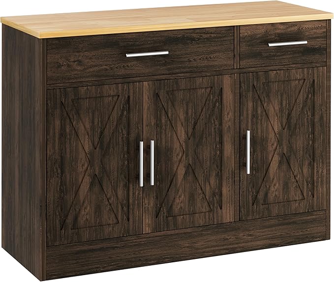 Shintenchi 3 Doors Farmhouse Sideboard Buffet Cabinet,42" Barn Doors Buffet Cabinet with Storage,Wood Coffee Bar Cabinet with Adjustable Shelf for Kitchen,Living Room,Brown