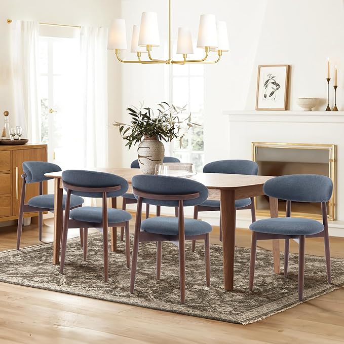 COLAMY Wooden Dining Chairs Set of 6, Modern Fabric Upholstered Dining Room Chair, Farmhouse Kitchen Chairs with Foot Pegs, Blue