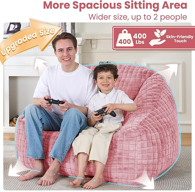 Bean Bag Chairs for Adults, Giant Beanbag Sofa Comfy Reading Chair, Oversized Bean Bag Chairs for Living Room Bedroom, Soft Faux Fur Fabric, 3.2FT, Pink, Checkered
