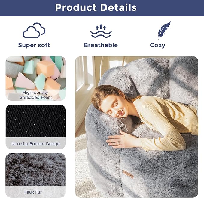 MAXYOYO Bean Bag Chair for Adults, Loveseat Floral Shaped Bean Bag Sofa, Ultra Soft Love Seat Mini Sofa Couch, Faux Fur Reading Chair for Living Room Bedroom, Dark Grey