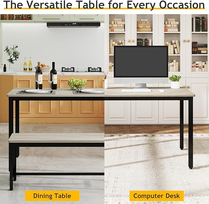 Rovibek Dining Room Table Chairs Set for 4, Modern Space Saving Kitchen Table with 2 Benches & Adjustable Feet Breakfast Table, Farmhouse Wooden Industrial Style, 43", Grey