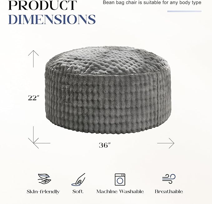 Hobestluk Bean Bag Chairs 3ft Beanbag Chair with Filler Adult Bean Bags with Fluffy & Machine Washable Cover, Giant Bean Bag Chairs for Adults (Grey, 3FT-36" x 36" x 22")