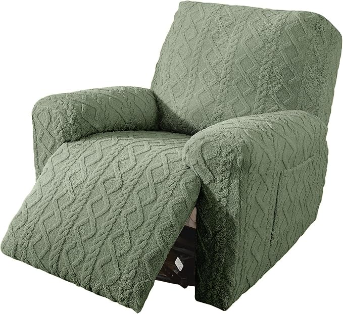 vctops Christmas Green 4 Pieces Geometric Jacquard Plush Recliner Slipcovers Soft Fuzzy Fluffy Sofa Couch Cover Anti-Slip Furniture Protector with Elastic Bottom for Kids Cats Dogs(Green,1 Seat)