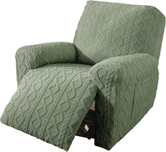 vctops Christmas Green 4 Pieces Geometric Jacquard Plush Recliner Slipcovers Soft Fuzzy Fluffy Sofa Couch Cover Anti-Slip Furniture Protector with Elastic Bottom for Kids Cats Dogs(Green,1 Seat)