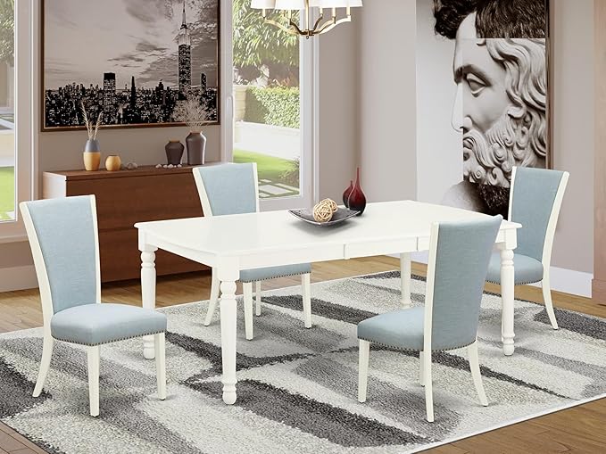 East West Furniture DOVE5-LWH-15 5 Piece Dining Table Set Includes a Rectangle Kitchen Table with Butterfly Leaf and 4 Baby Blue Linen Fabric Upholstered Chairs, 42x78 Inch, Linen White