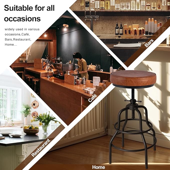 LOKKHAN Industrial Bar Stools-Swivel Leather Metal Bar Stool-20-27 Inch Tall Counter Height-Adjustable Kitchen Stool Dining Chair Cafe Stools (Set of 2)