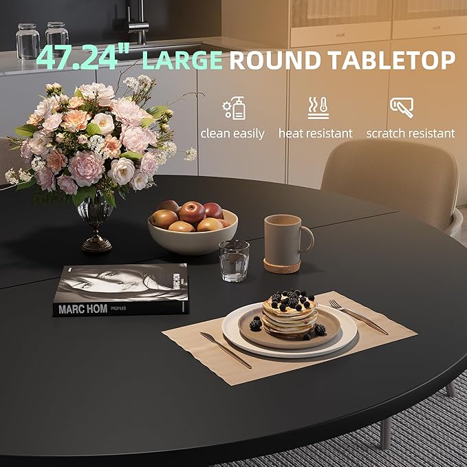 47.24" Round Dining Table for 4-6 Person, Round Kitchen Table with Wood Top, Circle Dinner Pedestal Tables with Metal Legs for Dining Room Kitchen (Black)