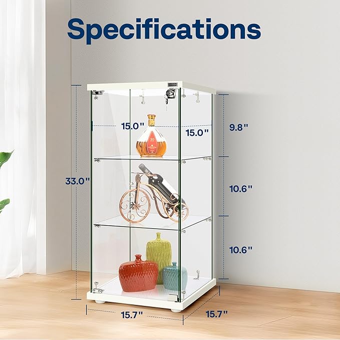 VIVOHOME 3 Layers 16''W x 16''D x 33''H Glass Display Cabinet Showcase Countertop with Lock, 4mm Tempered Glass 25mm MDF Base
