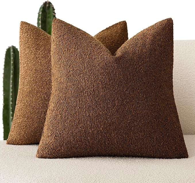 Foindtower Pack of 2 Modern Textured Boucle Throw Pillow Covers Accent Solid Decorative Pillow Cases Cozy Woven Couch Cushion Case for Chair Sofa Bedroom Living Room Home Decor 20x20 Inch Hazel Brown