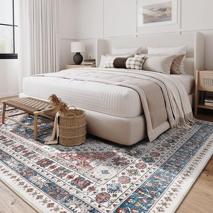 zesthome 5x7 Area Rugs - Ultra-Thin Washble Rug, Stain Resistant Anti Slip Backing Rugs for Living Room,Bedroom, Vintage Home Decor Area Rug (Navy Blue/Red,5'x7')
